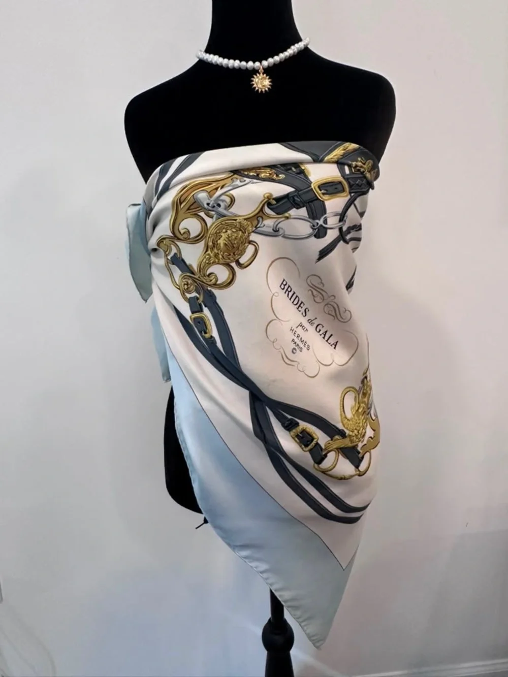 Hermes Silk Scarf Carré 90 Blue White Hand Rolled Made in France